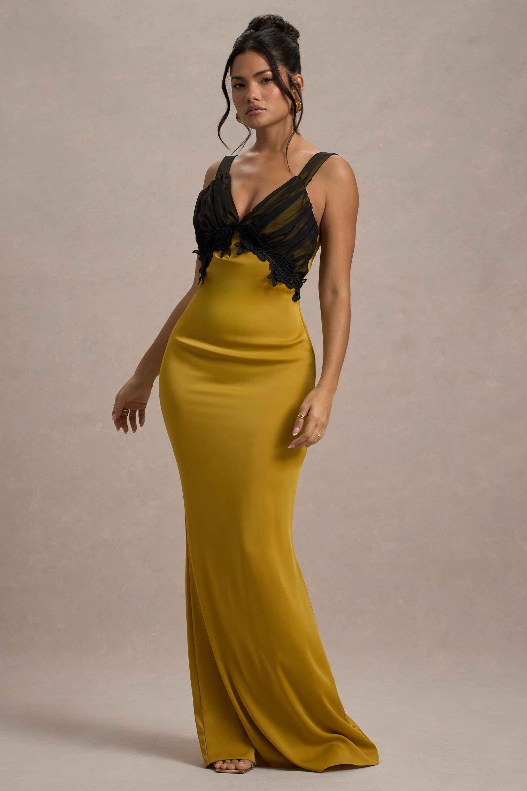 Sahara Mustard Satin V-Neck Maxi Dress With Black Lace Trim