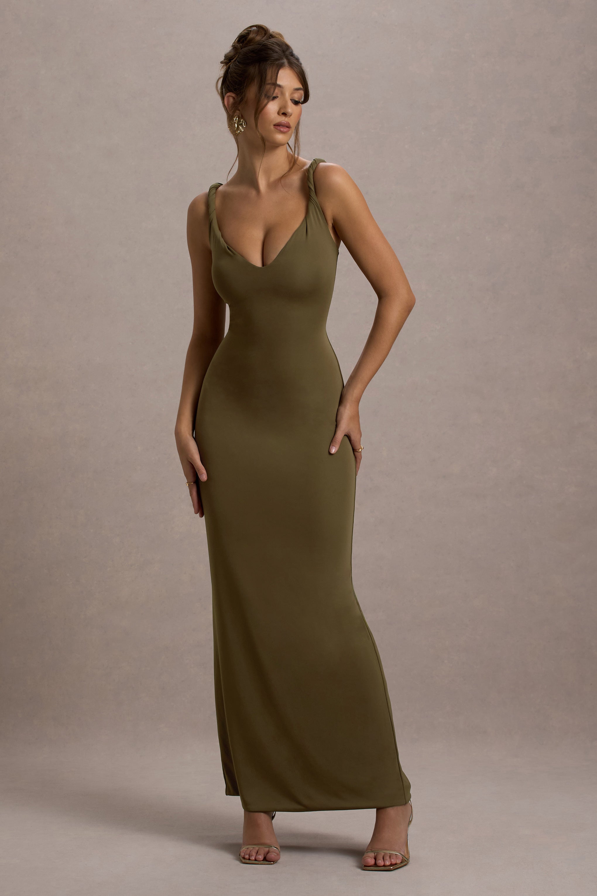 Twist Of Fate Khaki Green Twist-Neck Maxi Dress