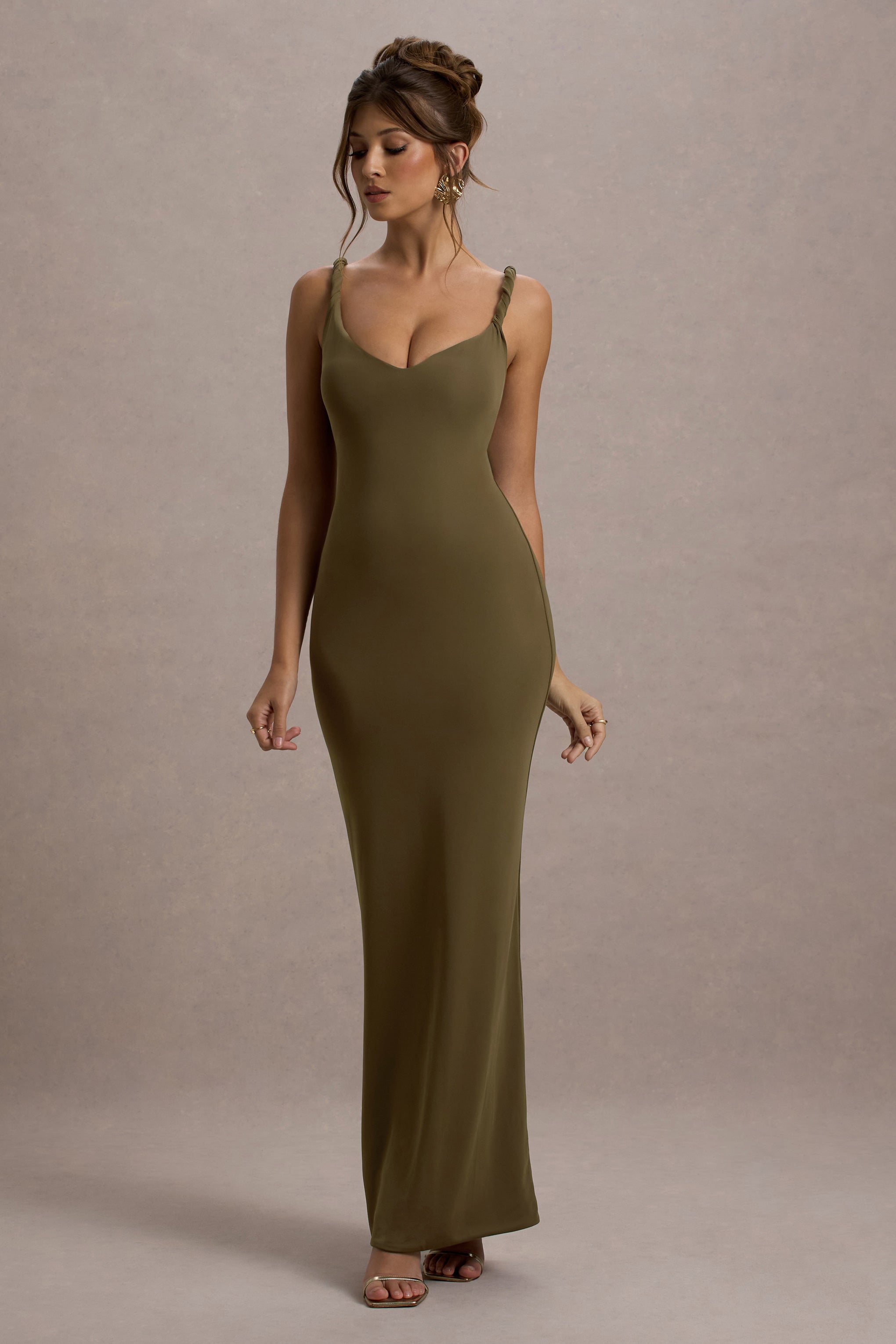 Twist Of Fate Khaki Green Twist-Neck Maxi Dress