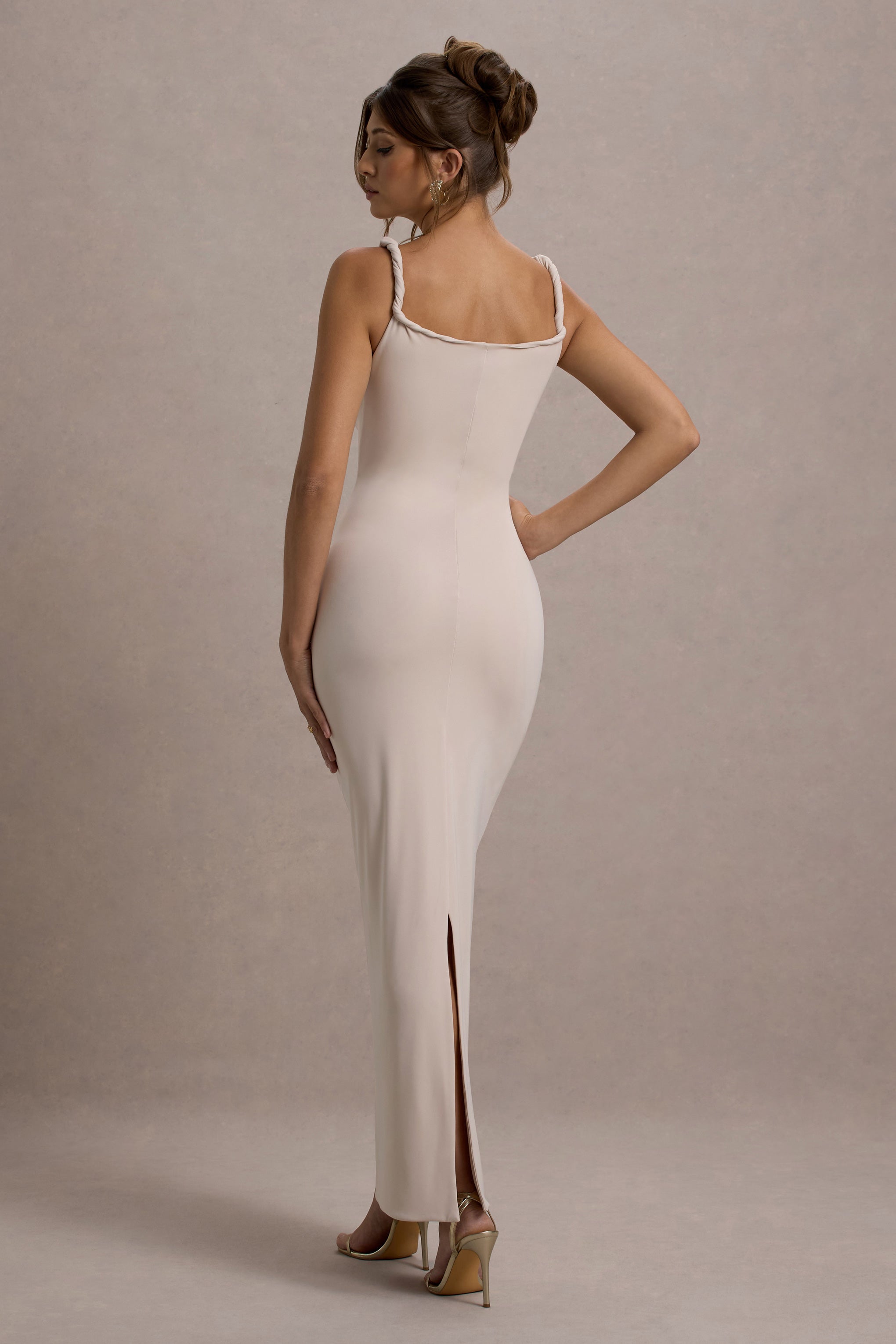 Twist Of Fate Champagne Twist-Neck Maxi Dress