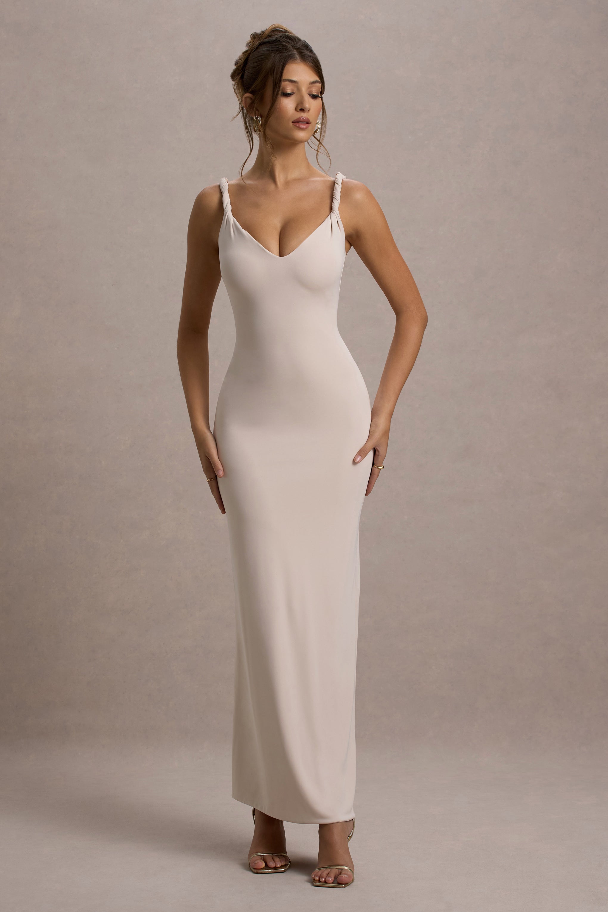 Twist Of Fate Champagne Twist-Neck Maxi Dress