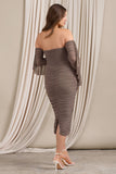 Aroma Brown Ruched Mesh Maternity Midi Dress With Ruffled Sleeves
