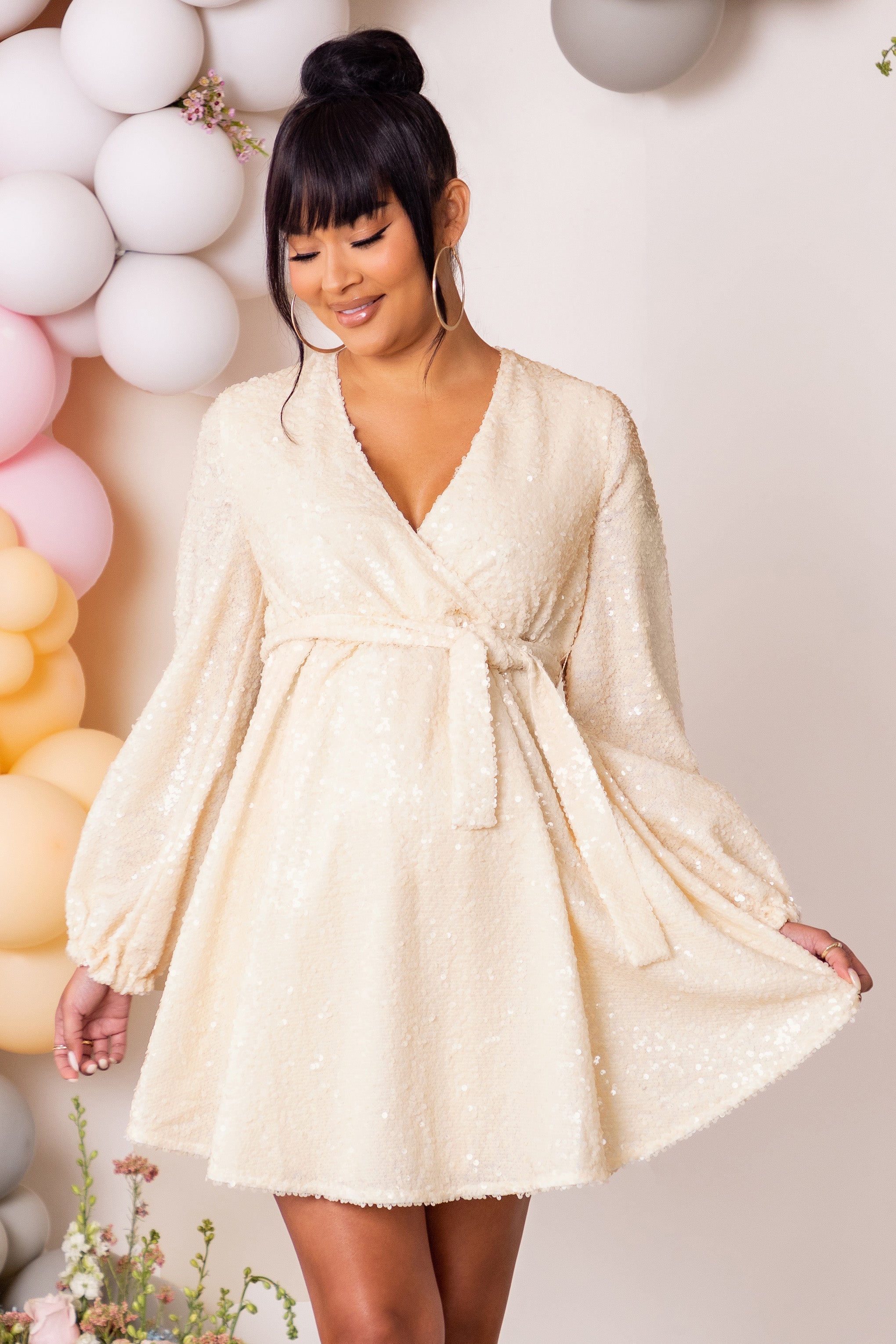Blossoming Cream Maternity Wrap Front Sequin Mini Dress