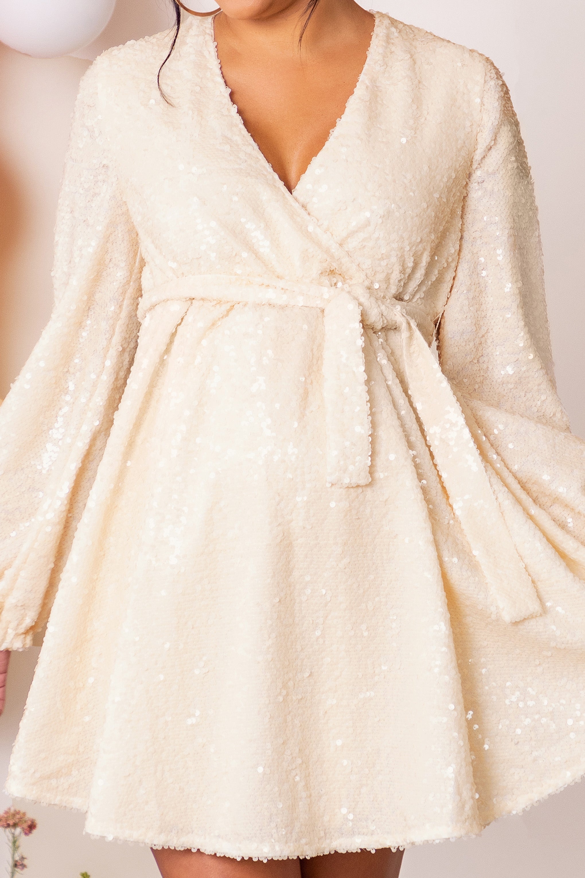 Blossoming Cream Maternity Wrap Front Sequin Mini Dress