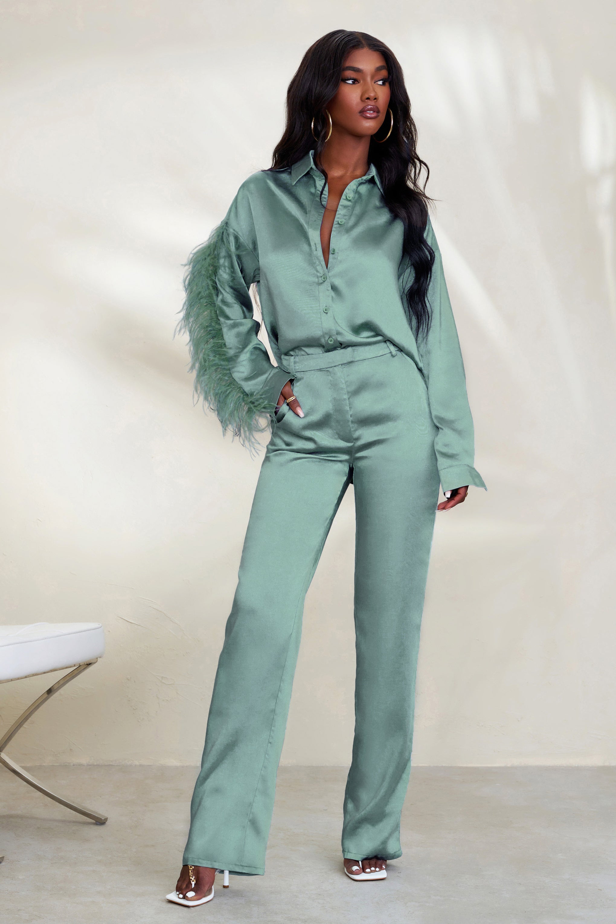 Evening Memories Duck Egg Blue Satin Wide Leg Trousers