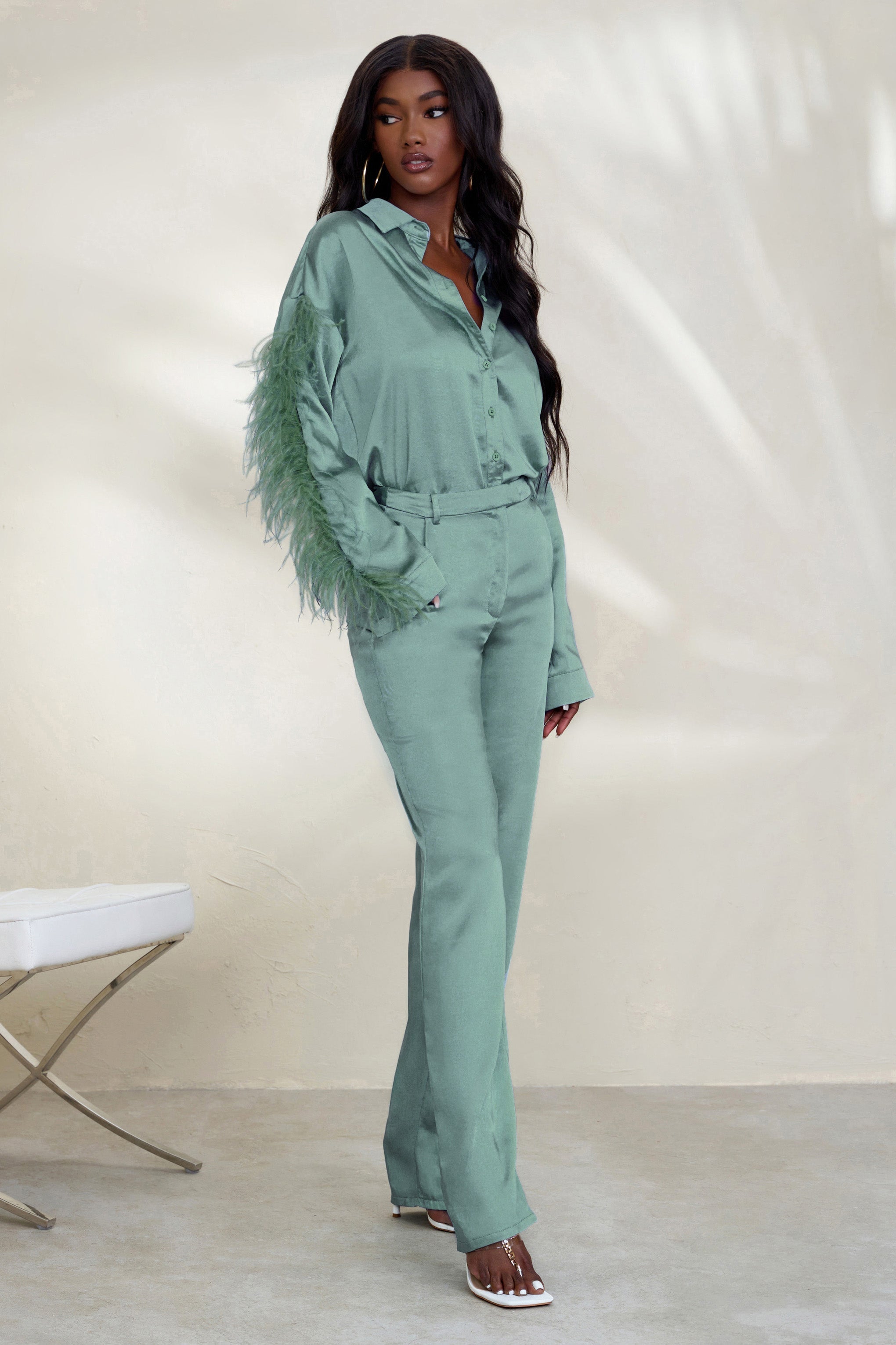 Evening Memories Duck Egg Blue Satin Wide Leg Trousers