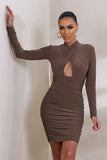 Sofia Brown Cut Out Ruched Mini Dress With Open Back Detail