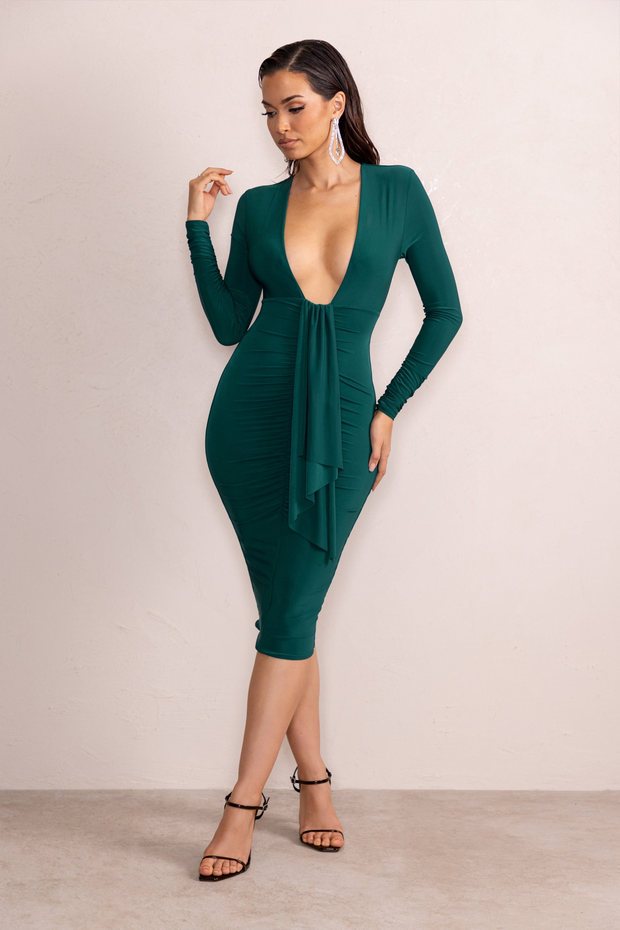 Inspirational Bottle Green Plunge Neck Long Sleeves Ruched Midi Dress With Drape Detail
