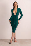 Inspirational Bottle Green Plunge Neck Long Sleeves Ruched Midi Dress With Drape Detail