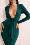 Inspirational Bottle Green Plunge Neck Long Sleeves Ruched Midi Dress With Drape Detail