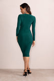 Inspirational Bottle Green Plunge Neck Long Sleeves Ruched Midi Dress With Drape Detail