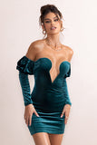 Ivy Teal Velvet Cut Out Mini Dress With Ruffle Sleeves