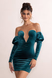 Ivy Teal Velvet Cut Out Mini Dress With Ruffle Sleeves