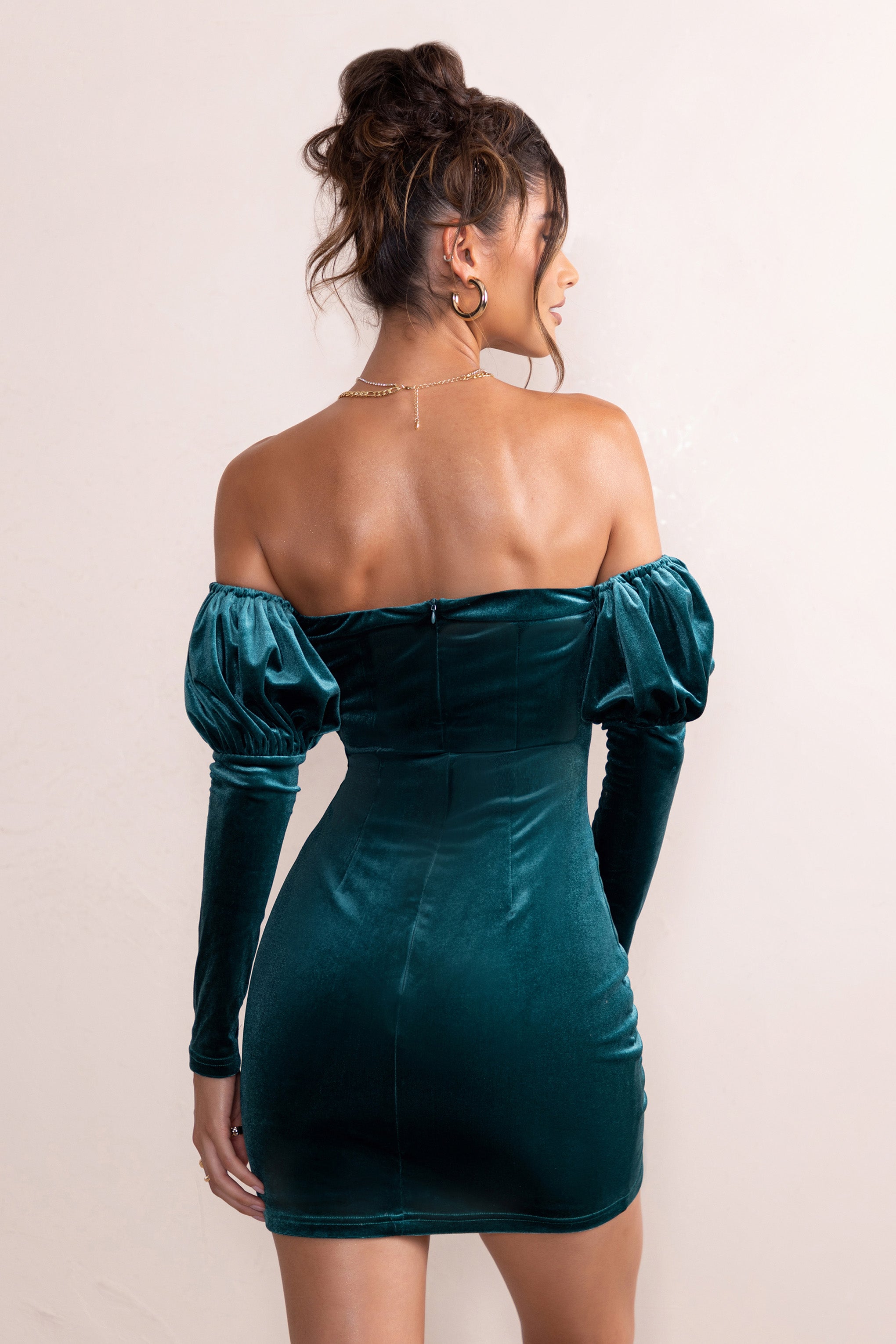 Ivy Teal Velvet Cut Out Mini Dress With Ruffle Sleeves