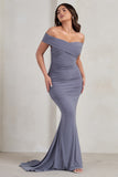 Apolline Grey Off The Shoulder Ruched Fishtail Maxi Dress