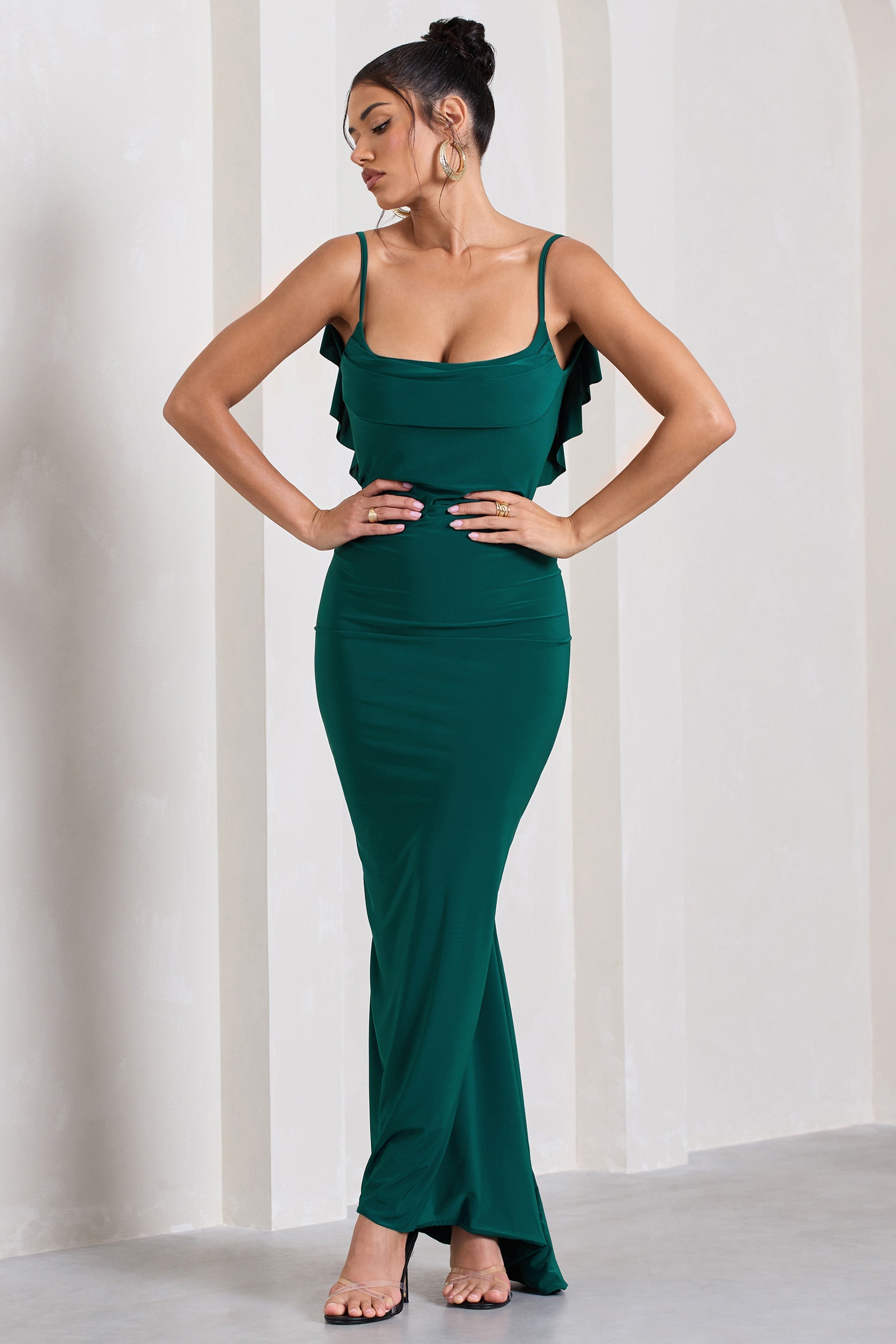 Flute Bottle Green Bodycon Maxi Dress With Ruched Ruffled Back