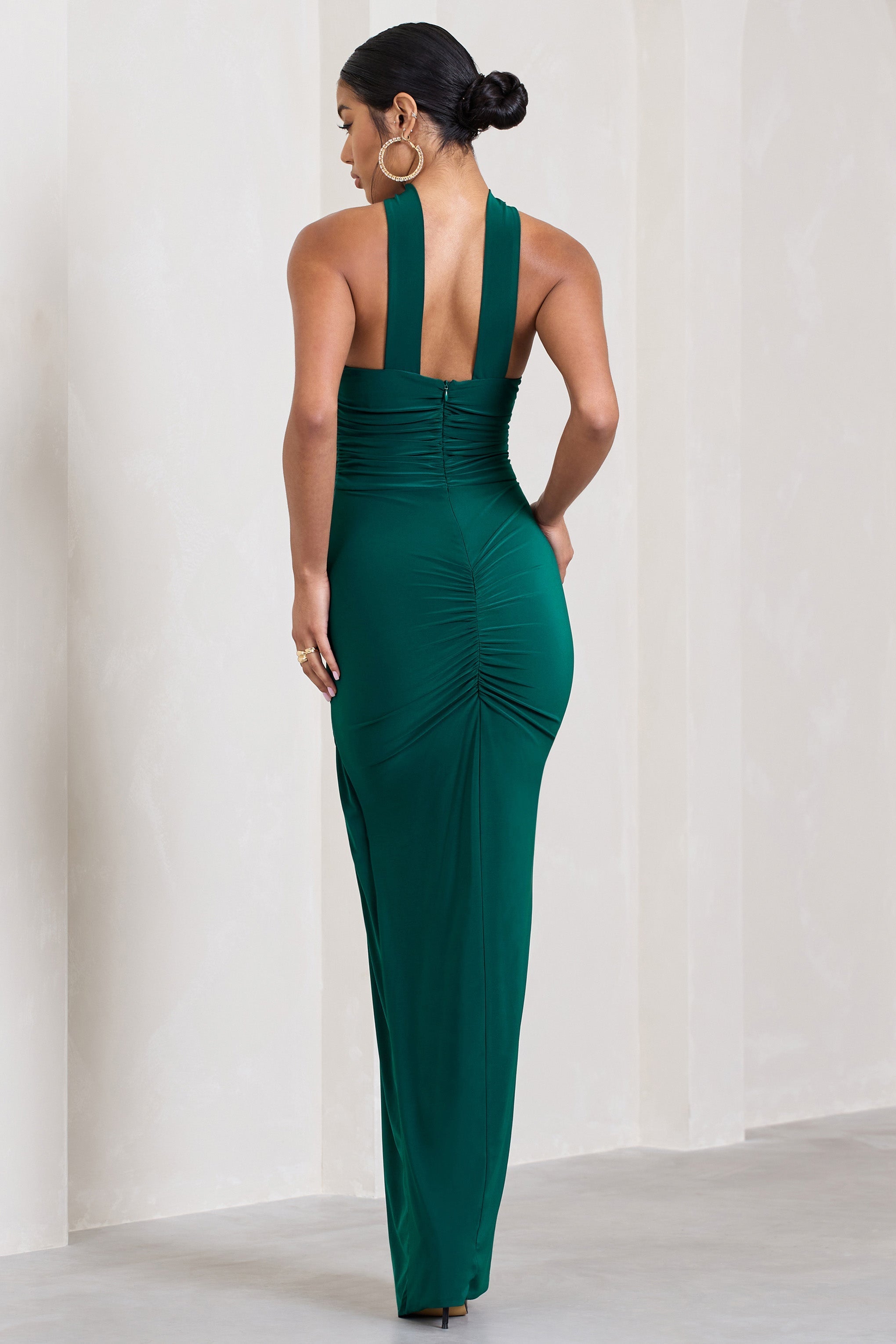 Paprika Bottle Green Ruched Halter-Neck Bandeau Maxi Dress