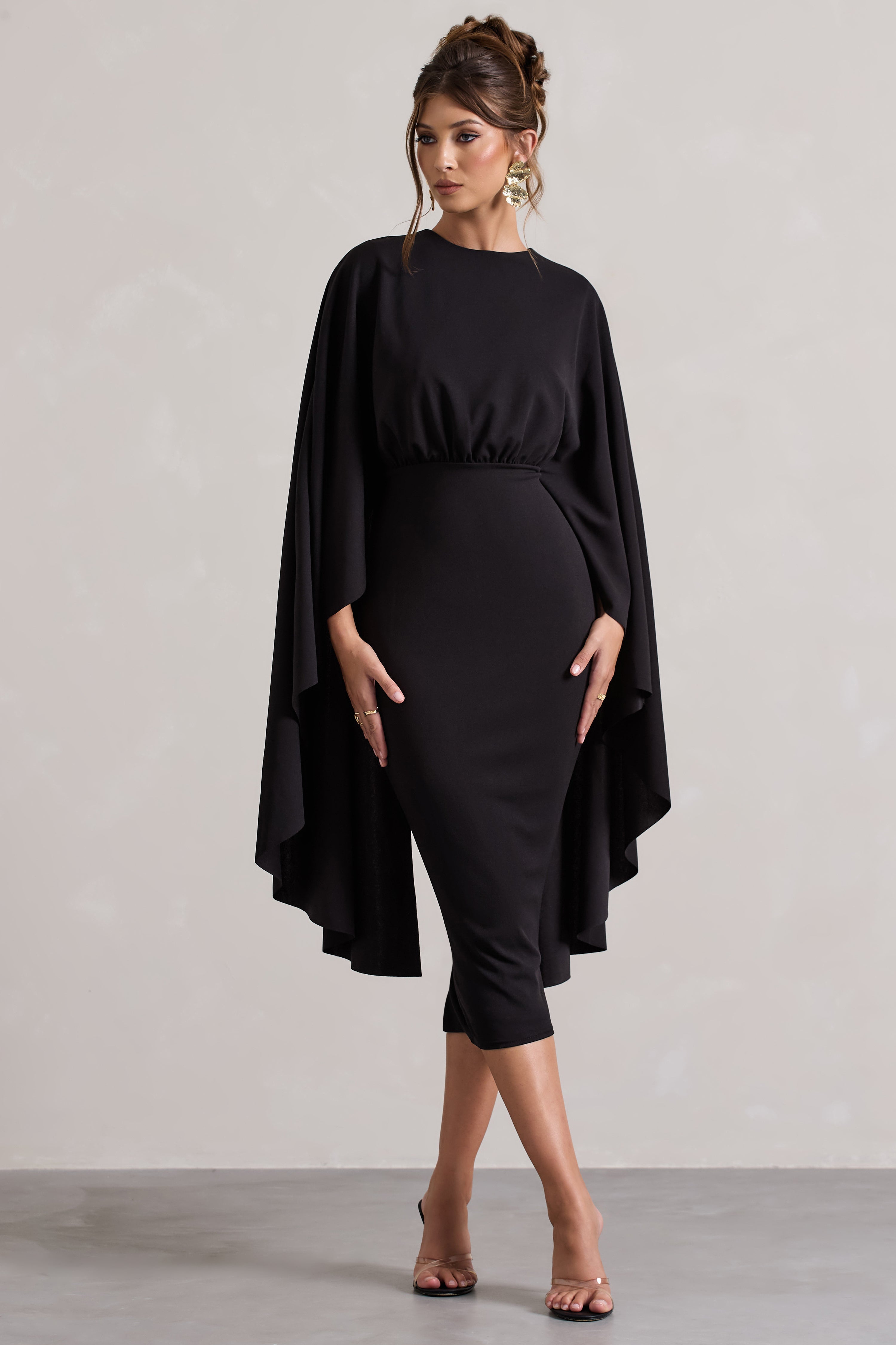 Tranquility Black Gathered Midi Dress With Cape