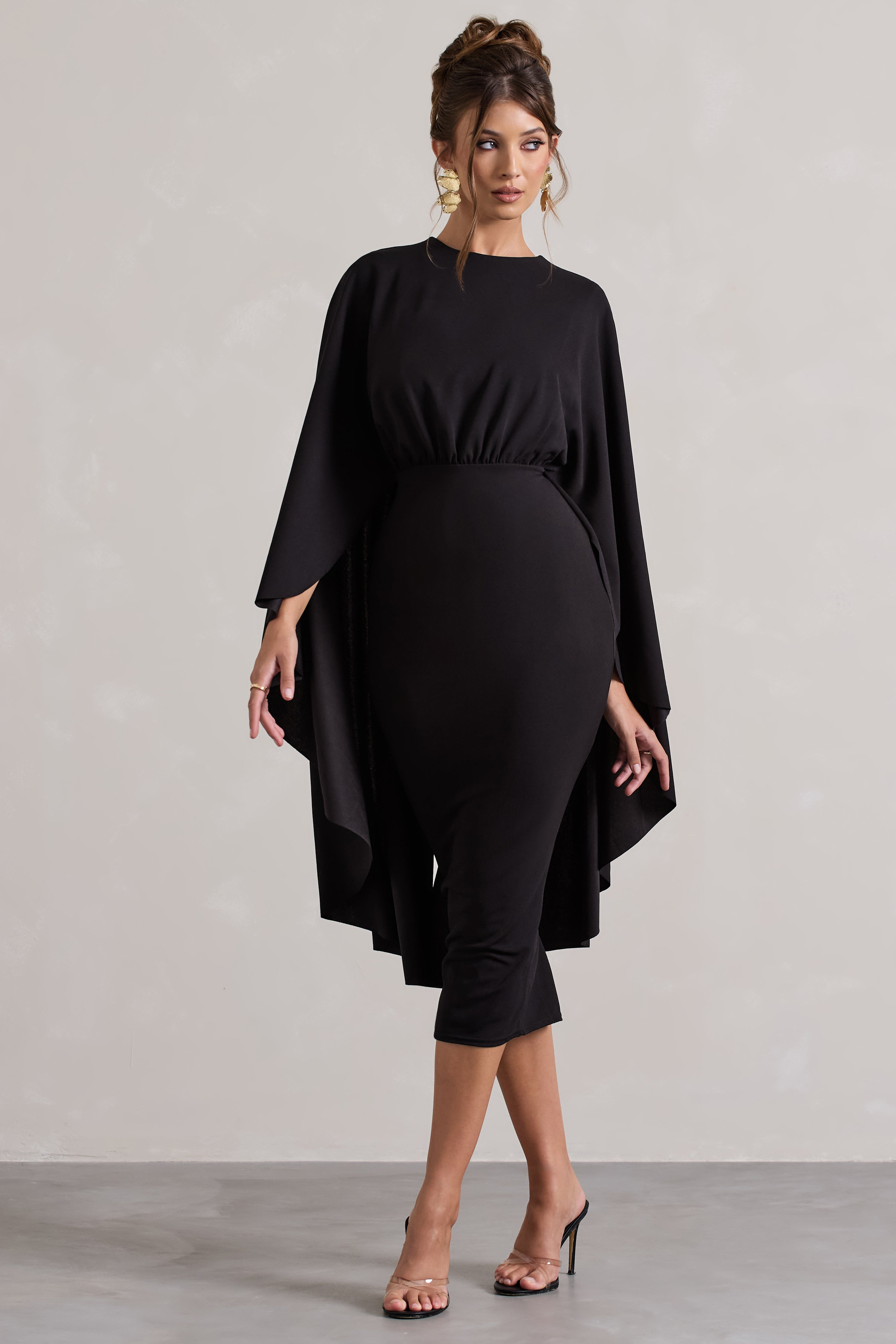 Tranquility Black Gathered Midi Dress With Cape