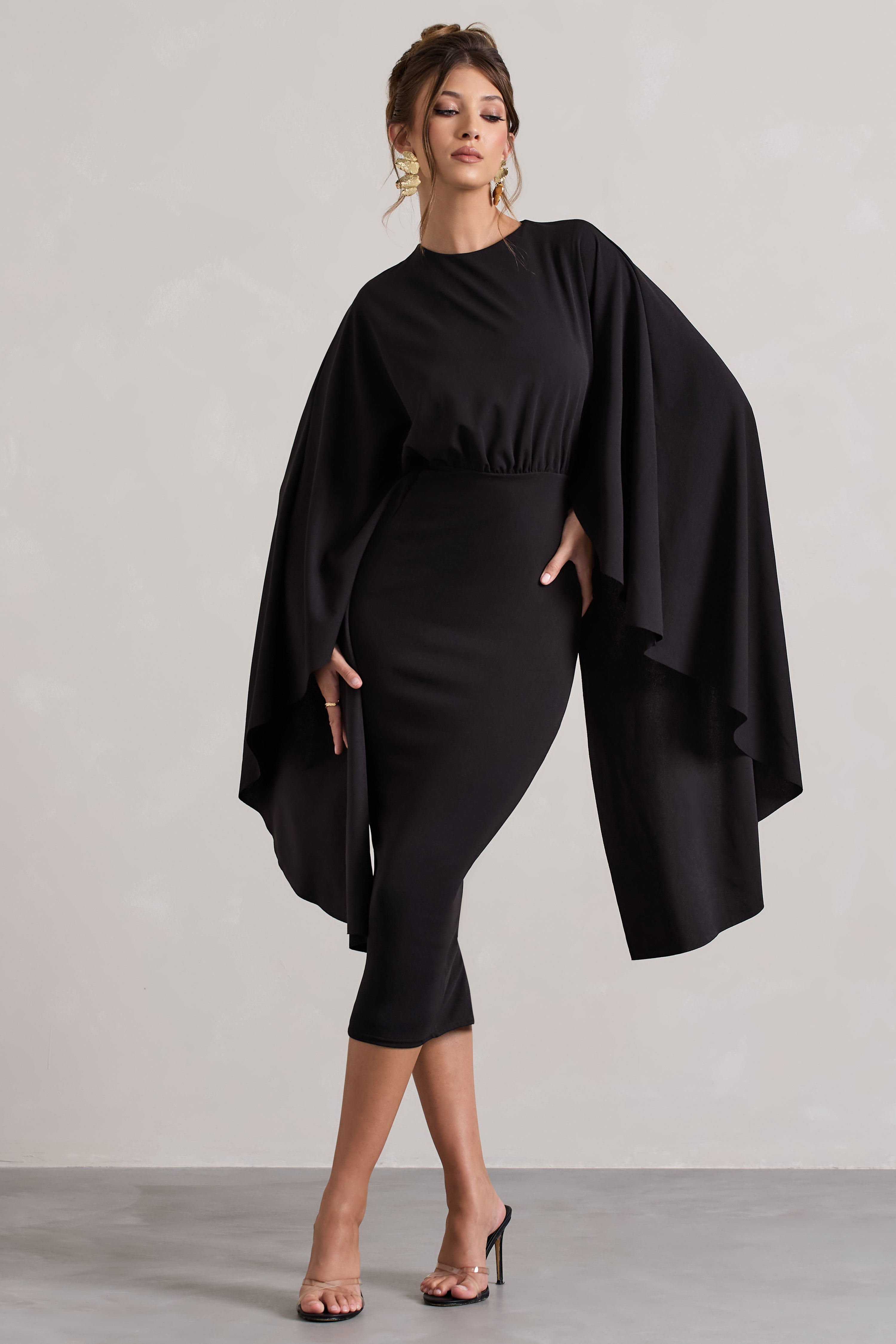 Tranquility Black Gathered Midi Dress With Cape