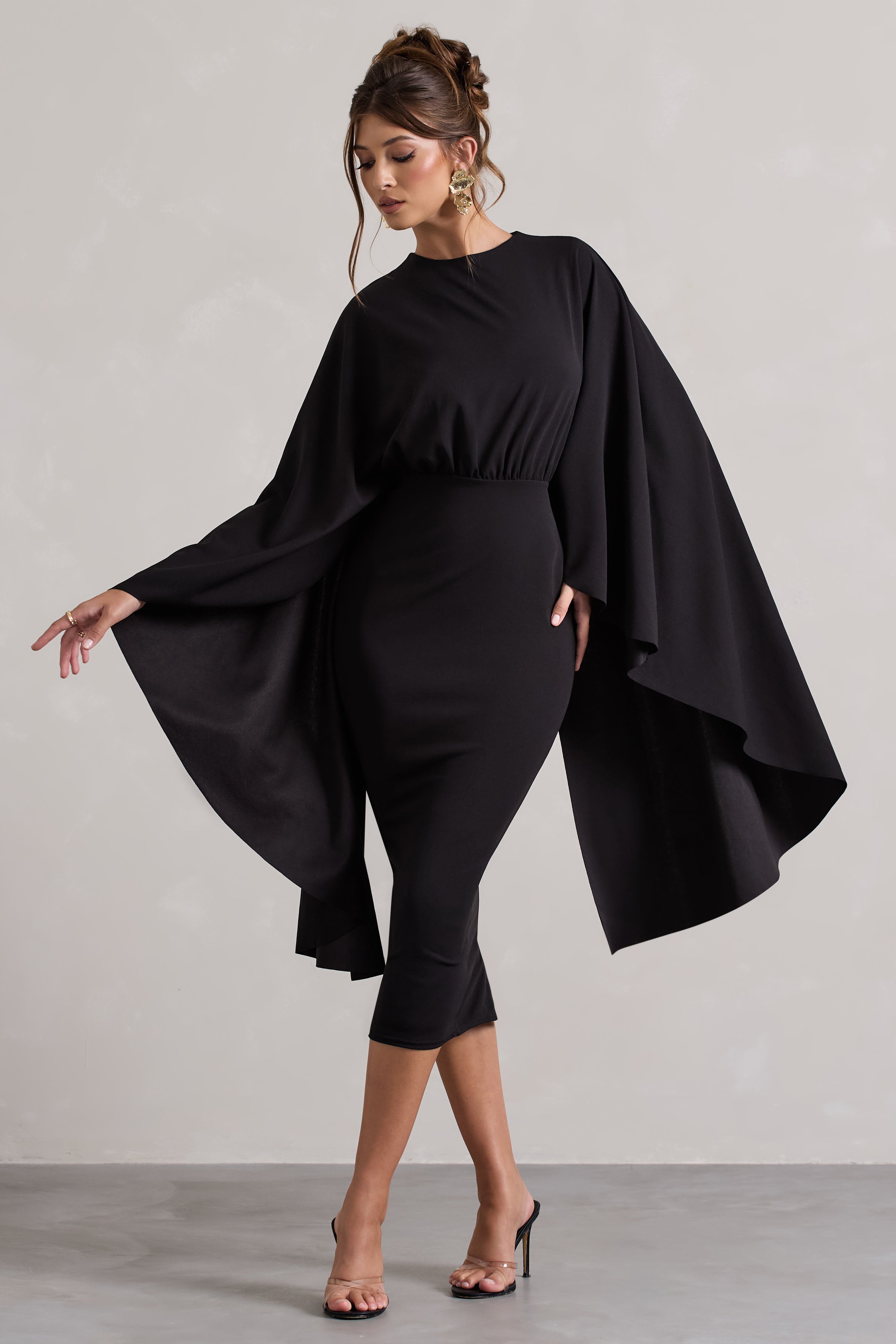 Tranquility Black Gathered Midi Dress With Cape