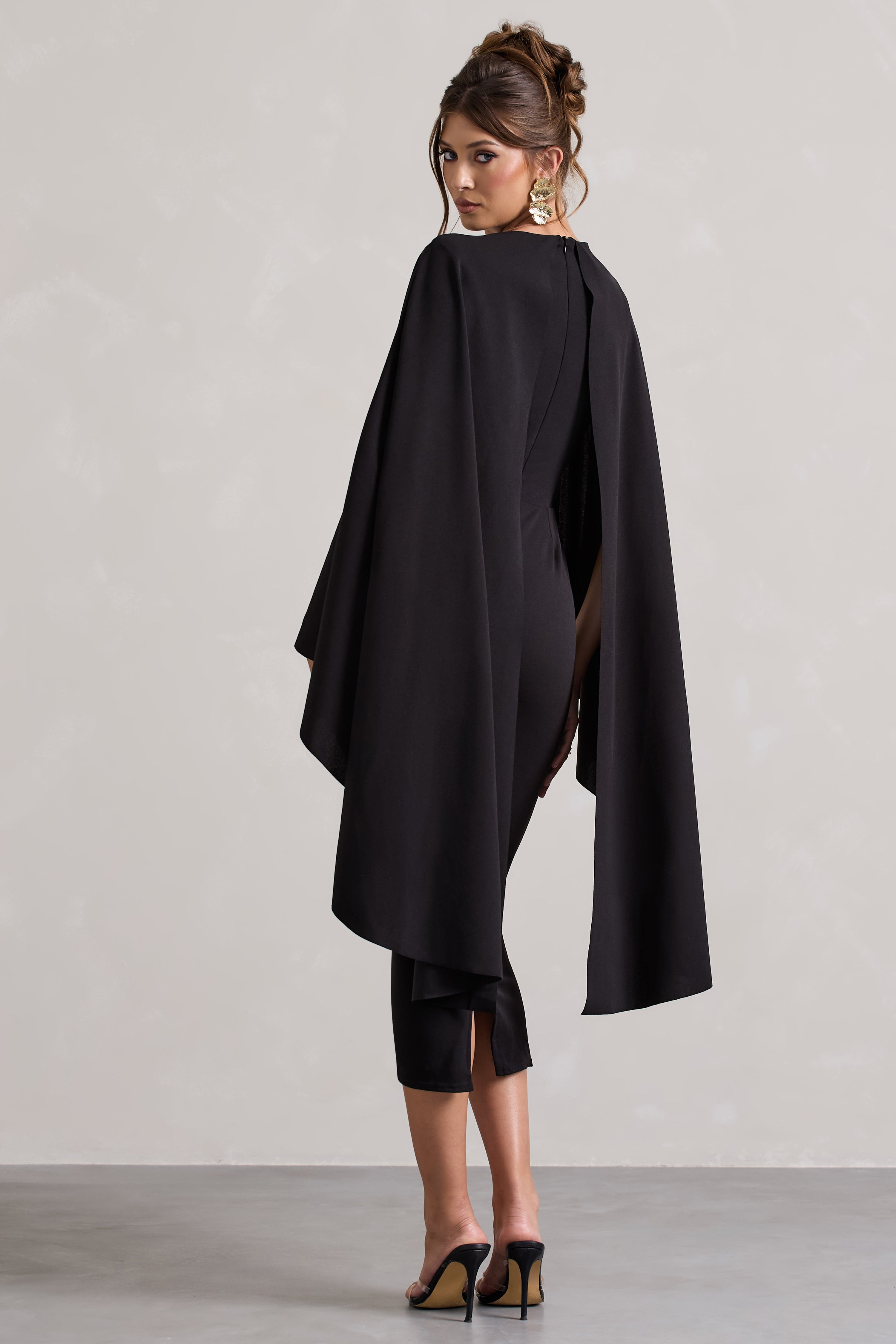 Tranquility Black Gathered Midi Dress With Cape