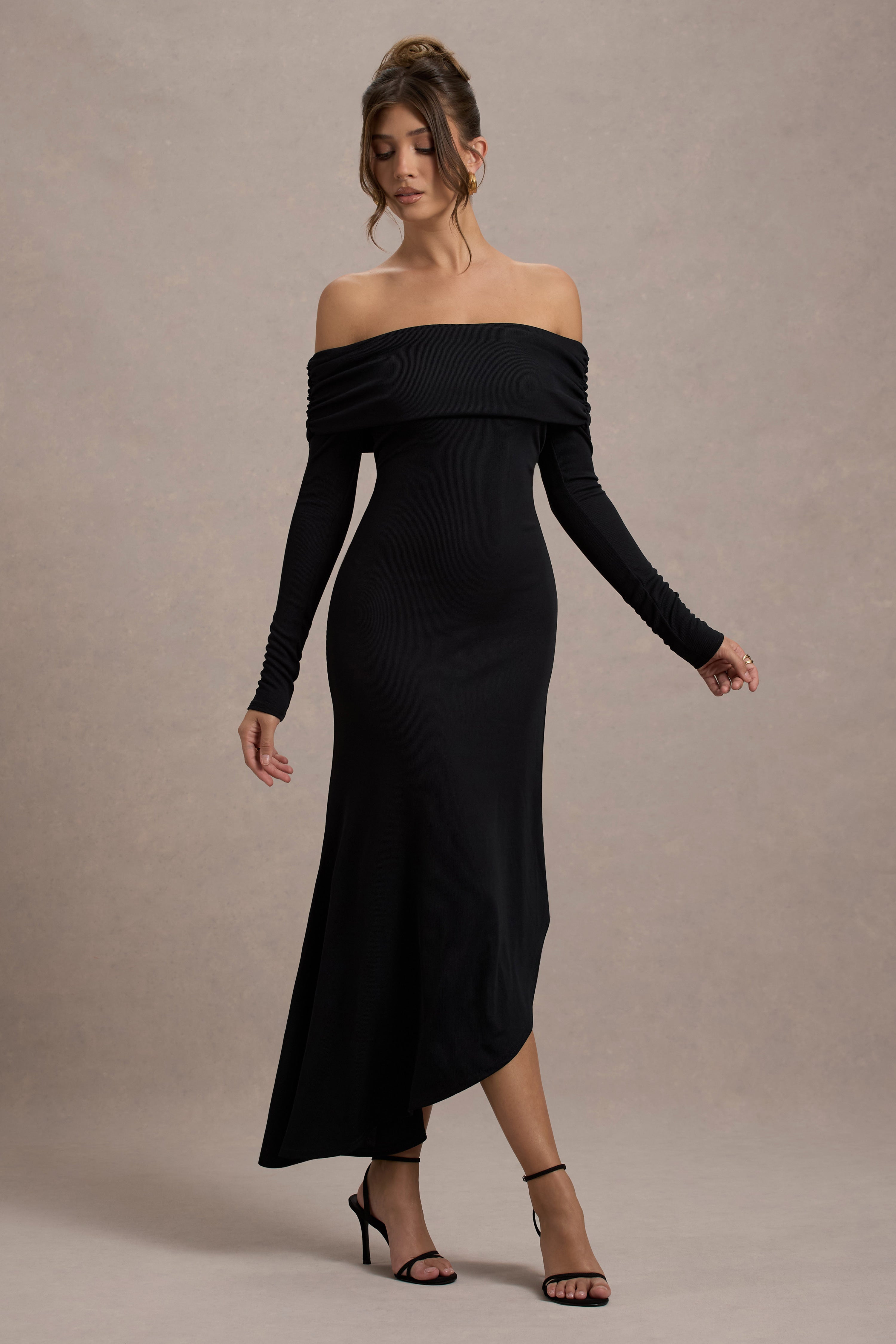 Romina Black Rib Knit Bardot Maxi Dress With Asymmetric Hem