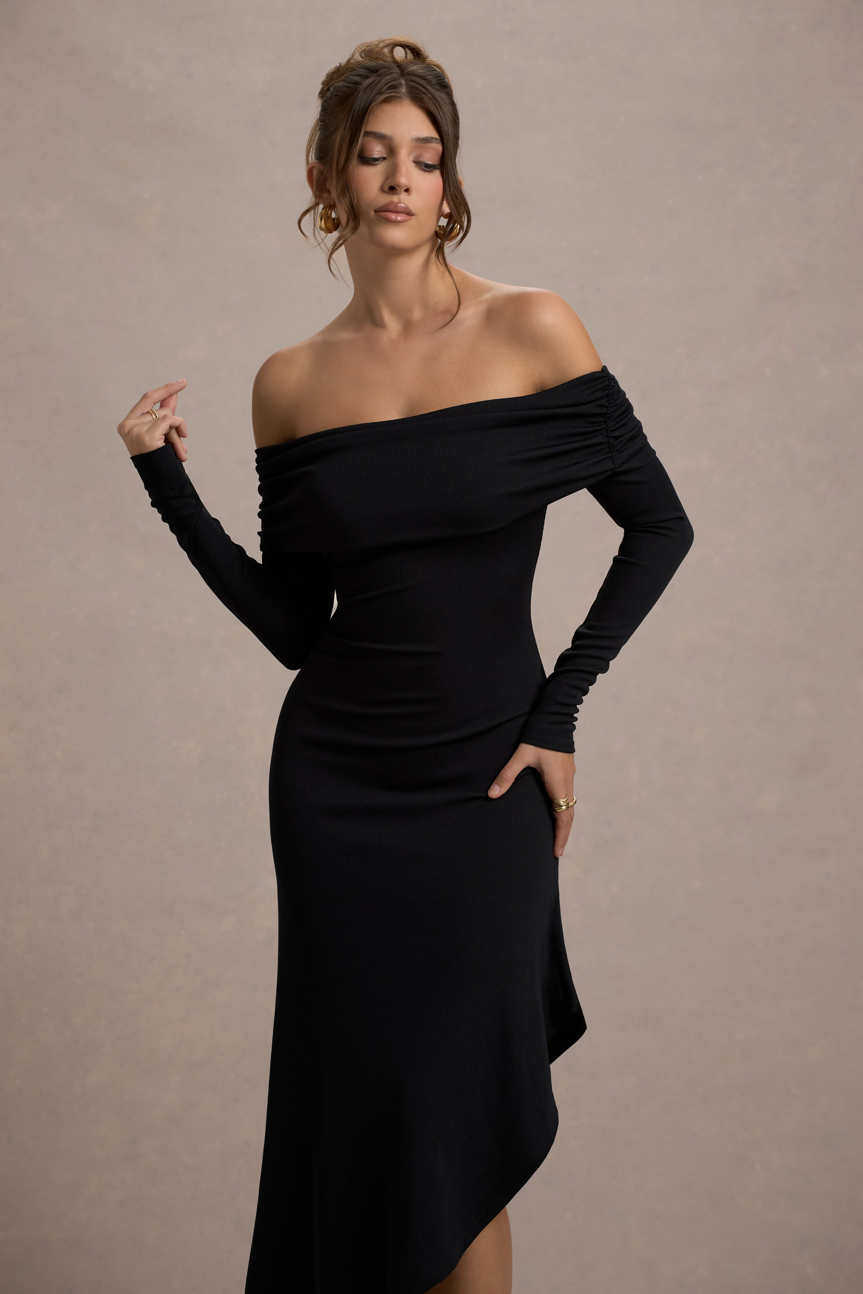 Romina Black Rib Knit Bardot Maxi Dress With Asymmetric Hem
