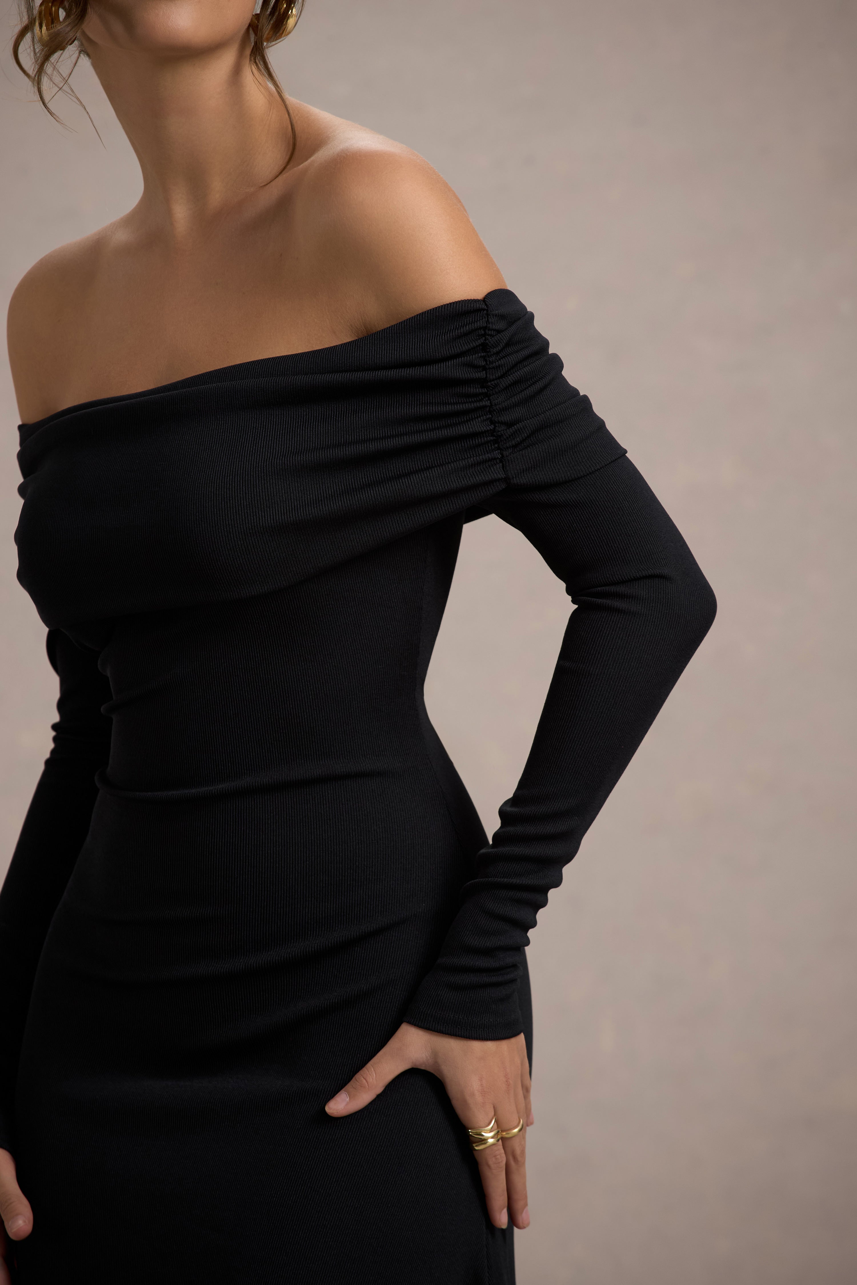Romina Black Rib Knit Bardot Maxi Dress With Asymmetric Hem