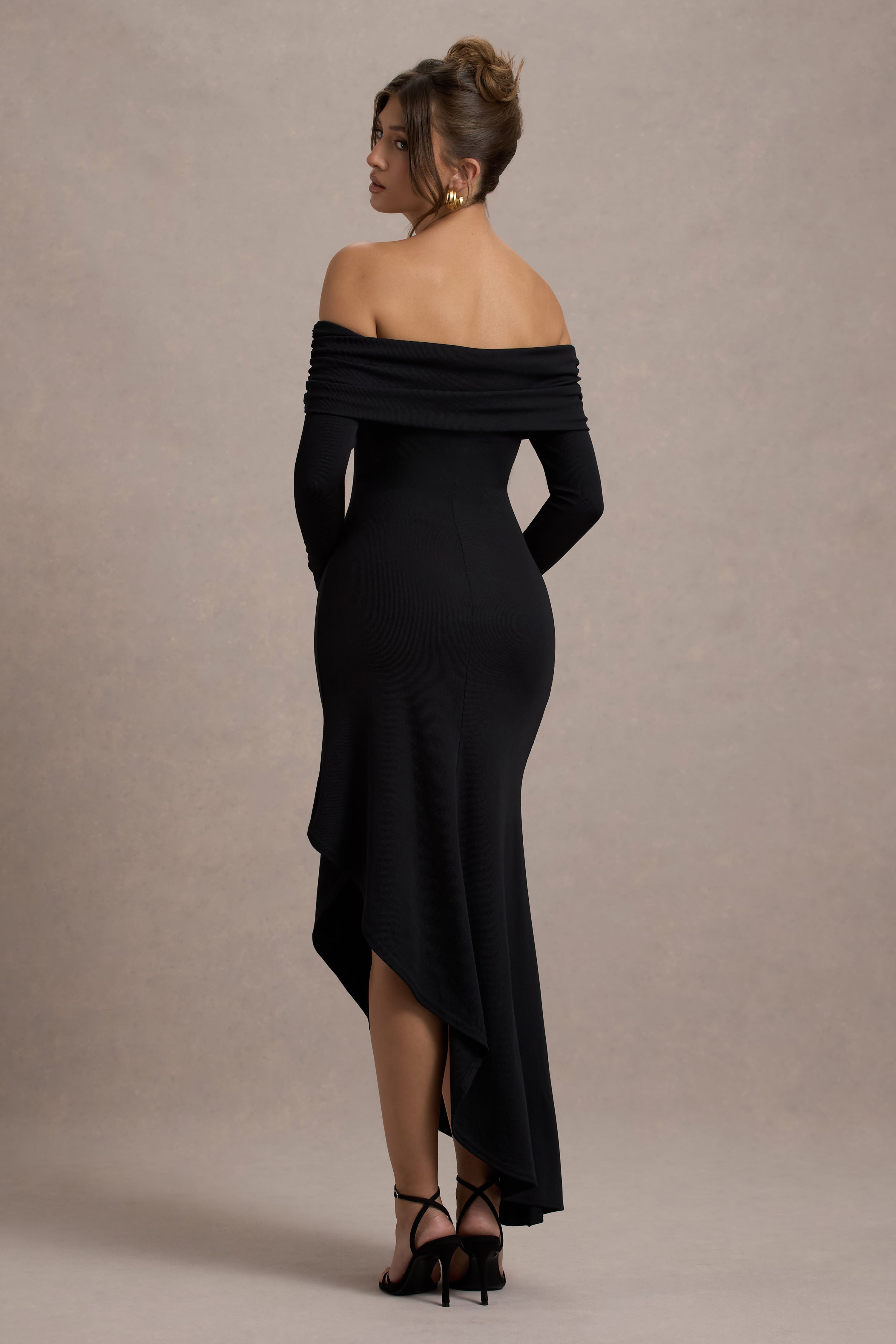 Romina Black Rib Knit Bardot Maxi Dress With Asymmetric Hem