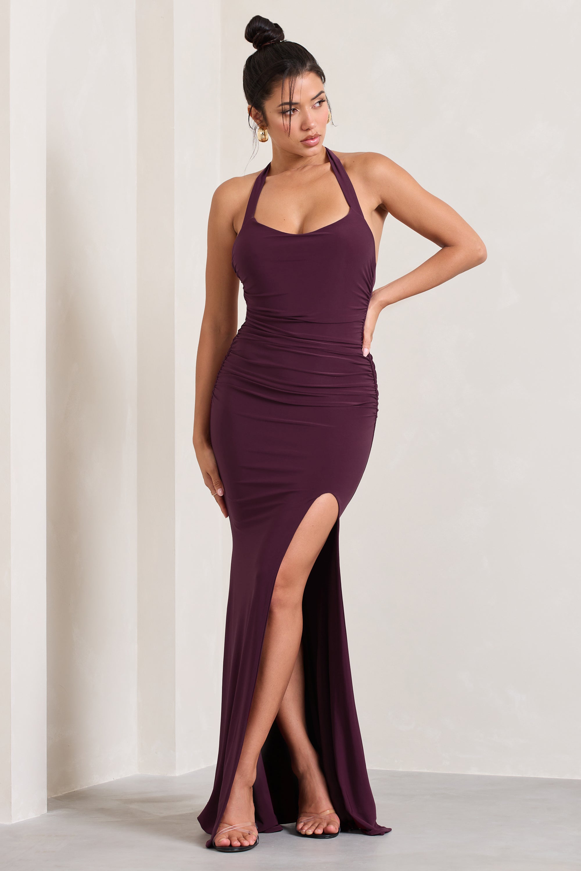 Idol Burgundy Halter-Neck Split Maxi Dress