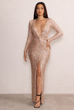 Roma Gold Sequin Long Sleeve Plunge Maxi Dress with Knot Waist Detail