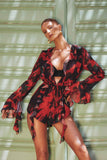 Sauvage Red & Black Floral Print Chiffon Ruffle Long Sleeve Playsuit