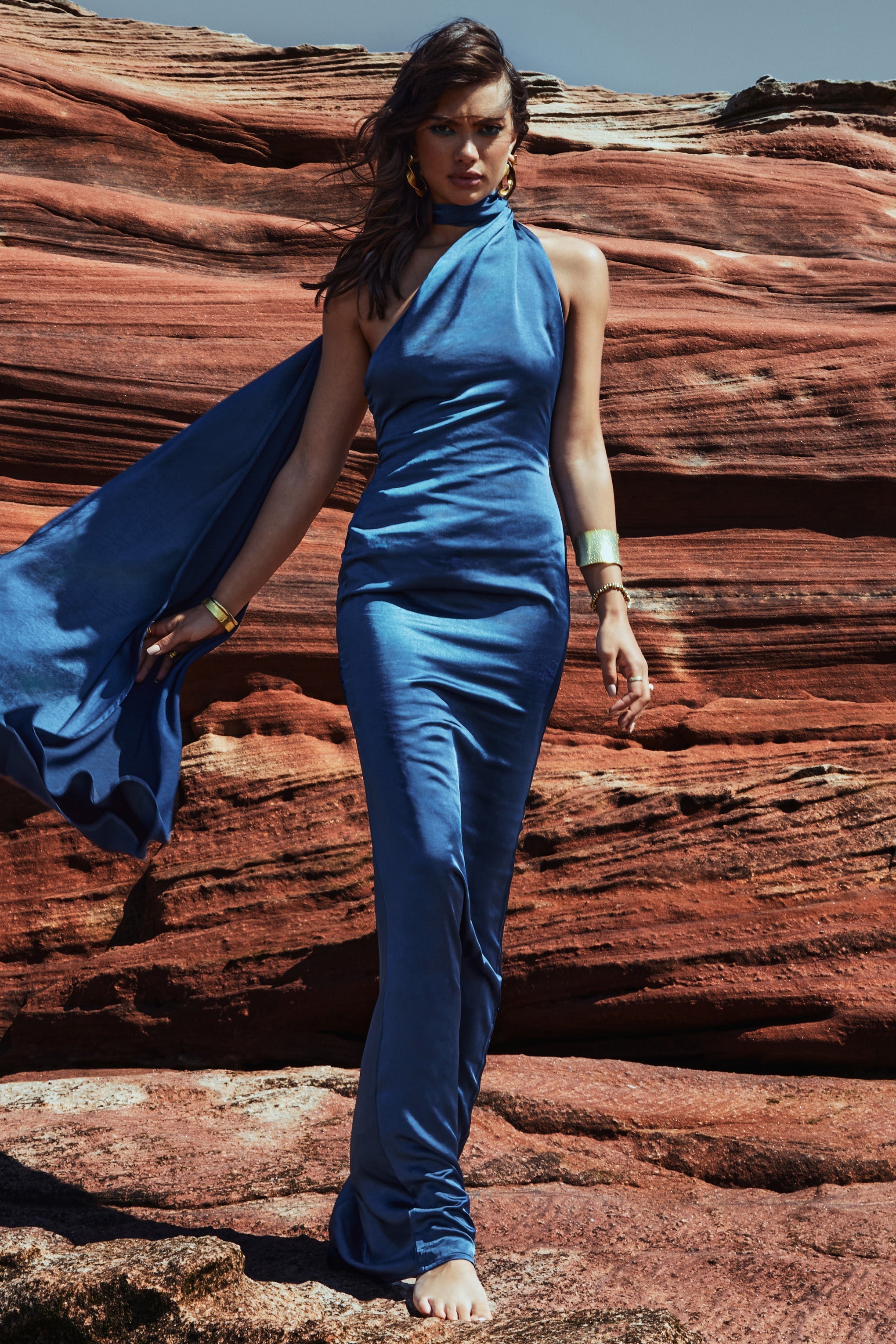 Mademoiselle Navy Asymmetric Scarf Neck Backless Maxi Dress