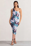 Late Night Multi Print Asymmetric One Shoulder Ruched Midi Dress