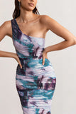 Late Night Multi Print Asymmetric One Shoulder Ruched Midi Dress