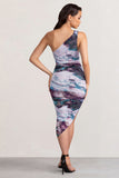 Late Night Multi Print Asymmetric One Shoulder Ruched Midi Dress