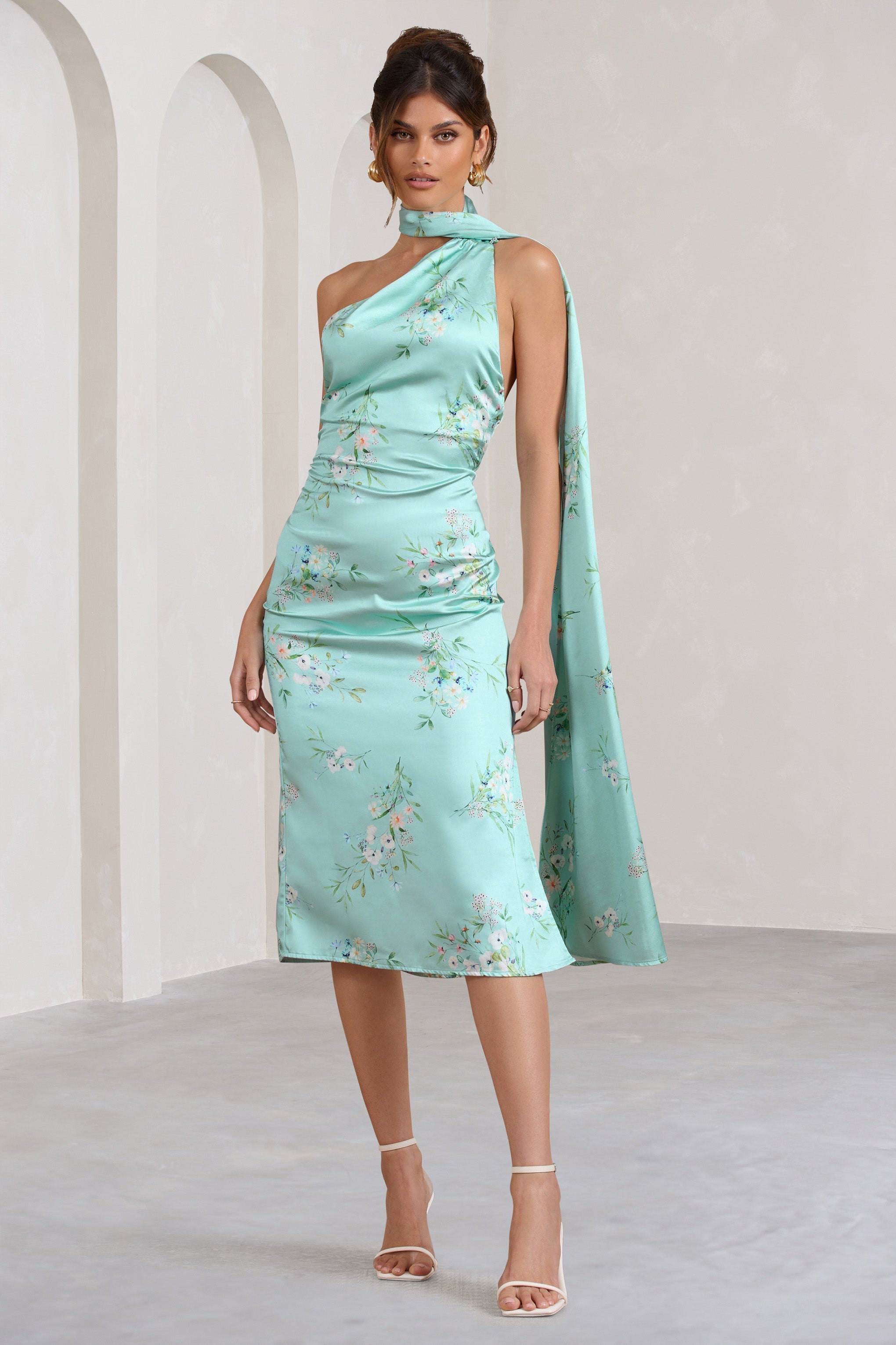 Madame Mint Green Floral Print Satin Asymmetric Scarf Neck Backless Midi Dress