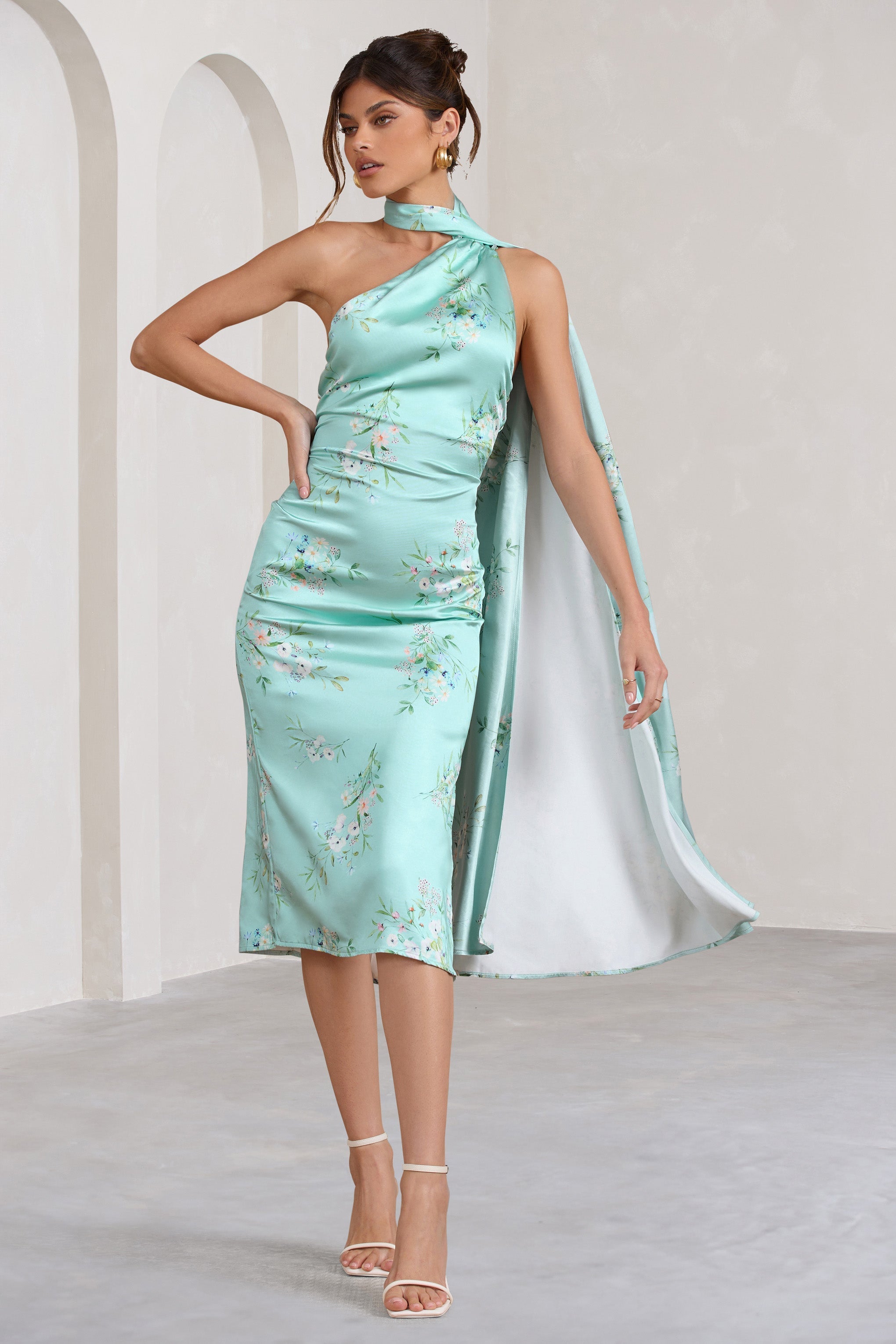 Madame Mint Green Floral Print Satin Asymmetric Scarf Neck Backless Midi Dress