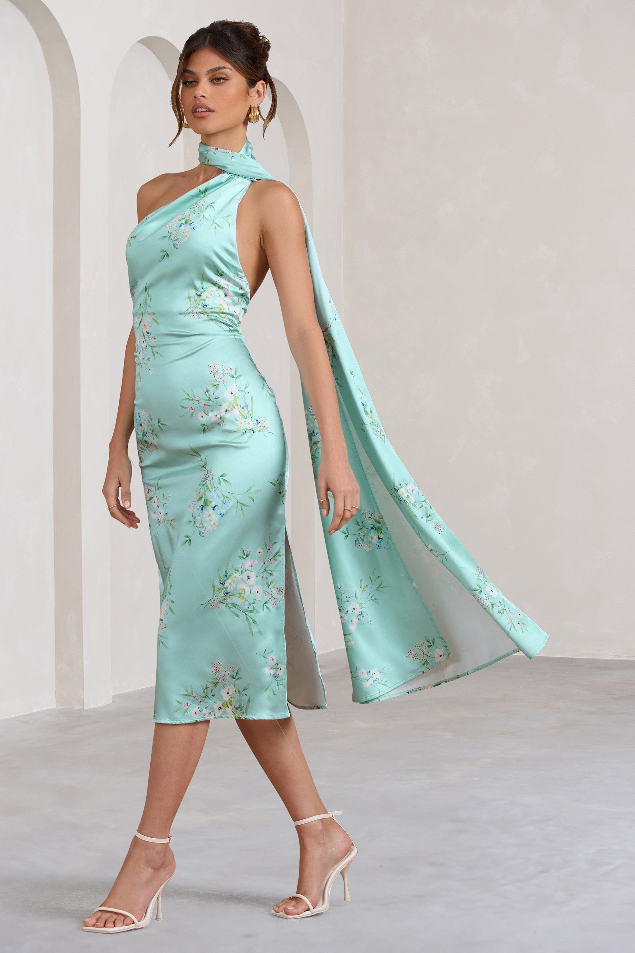 Madame Mint Green Floral Print Satin Asymmetric Scarf Neck Backless Midi Dress