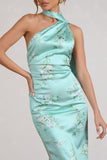 Madame Mint Green Floral Print Satin Asymmetric Scarf Neck Backless Midi Dress