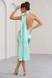 Madame Mint Green Floral Print Satin Asymmetric Scarf Neck Backless Midi Dress