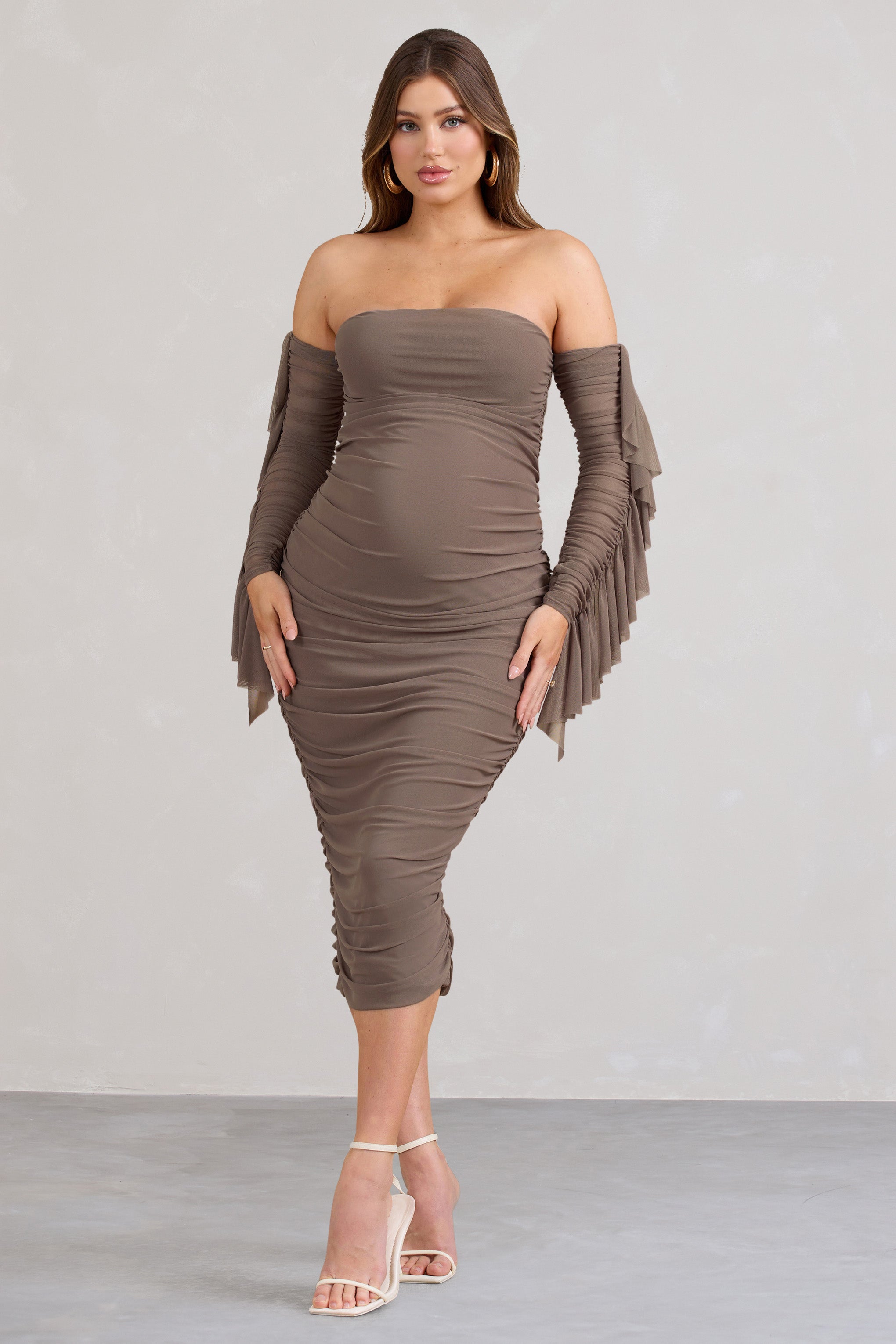Aroma Brown Ruched Mesh Maternity Midi Dress With Ruffled Sleeves