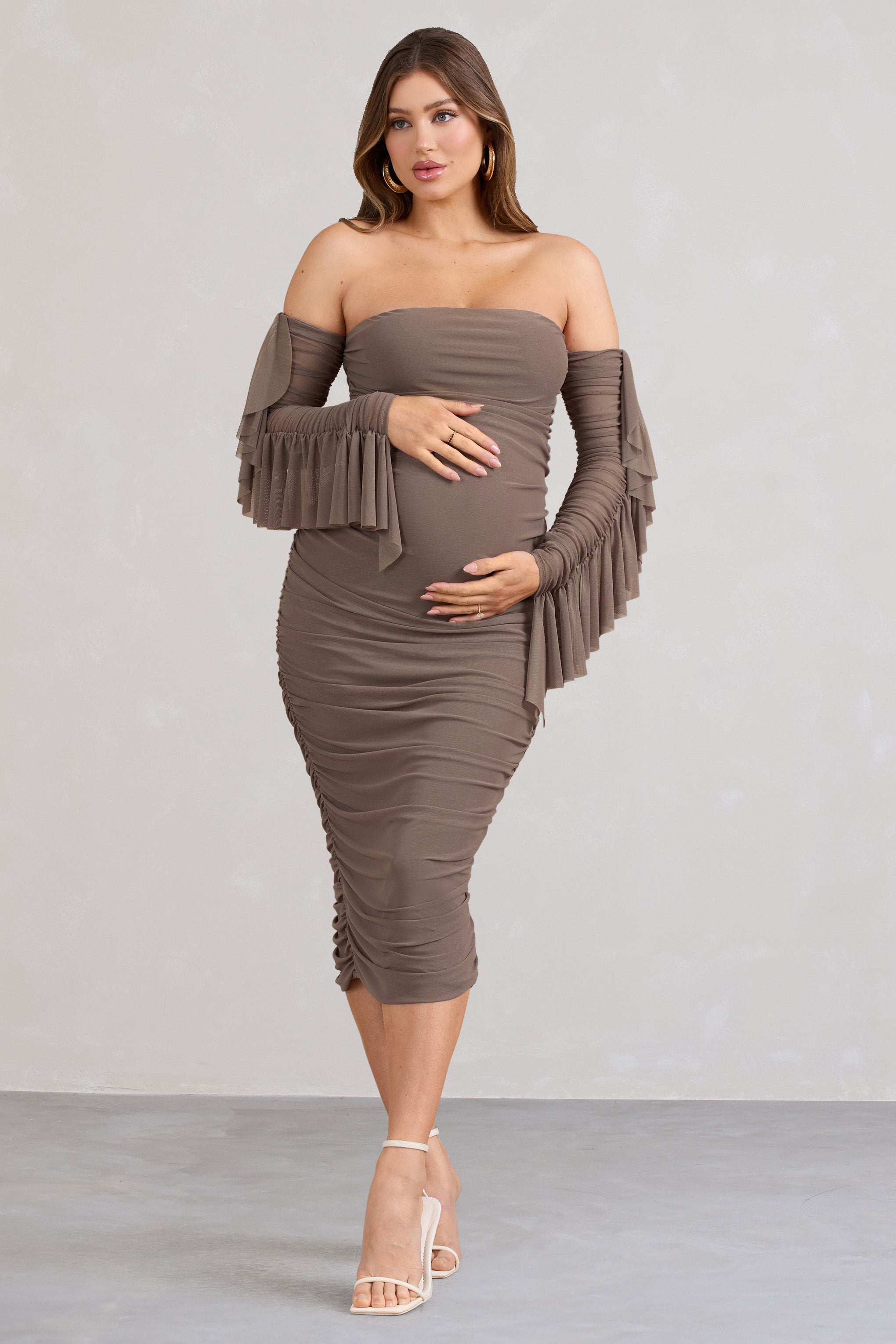 Aroma Brown Ruched Mesh Maternity Midi Dress With Ruffled Sleeves