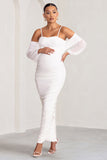 Announcement White Maternity Ruched Mesh Maxi Dress