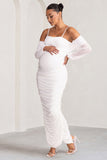 Announcement White Maternity Ruched Mesh Maxi Dress