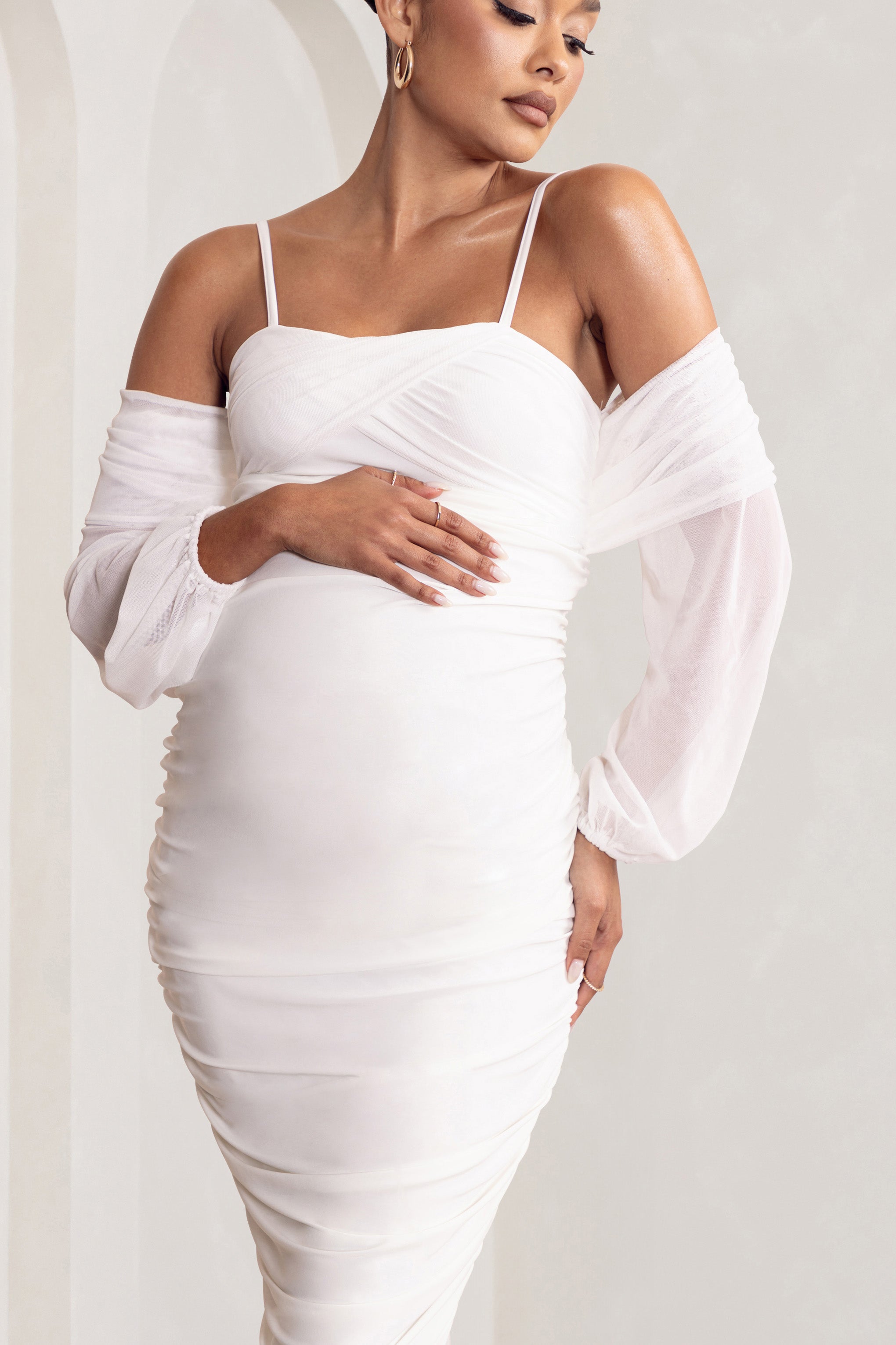 Announcement White Maternity Ruched Mesh Maxi Dress