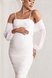 Announcement White Maternity Ruched Mesh Maxi Dress