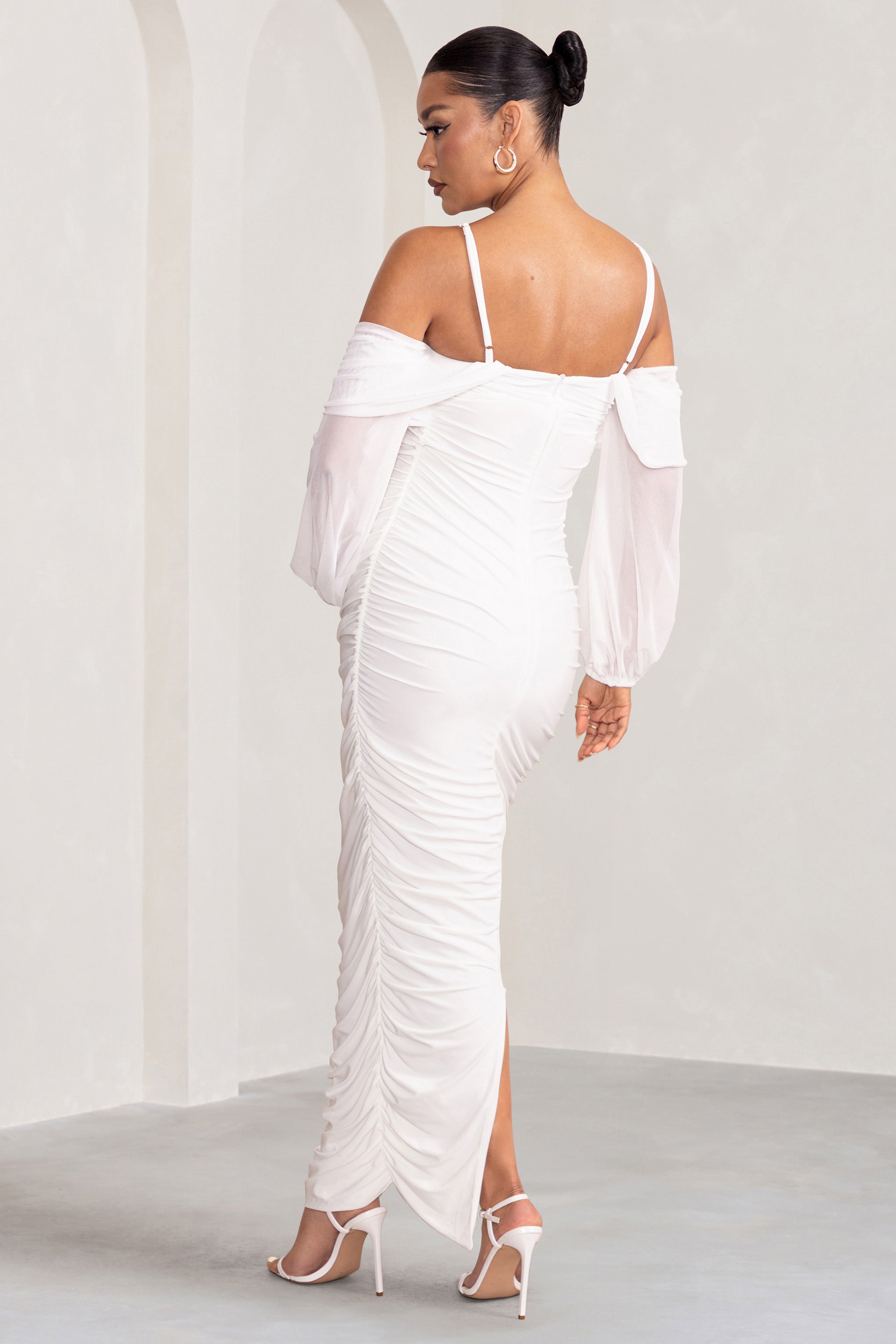 Announcement White Maternity Ruched Mesh Maxi Dress