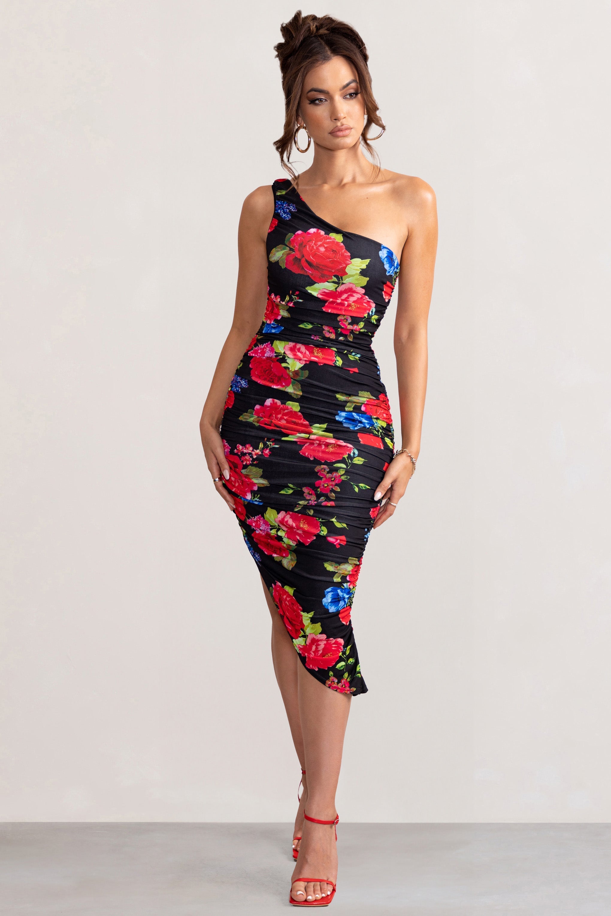 Late Night Black Floral Print Asymmetric One Shoulder Ruched Midi Dress